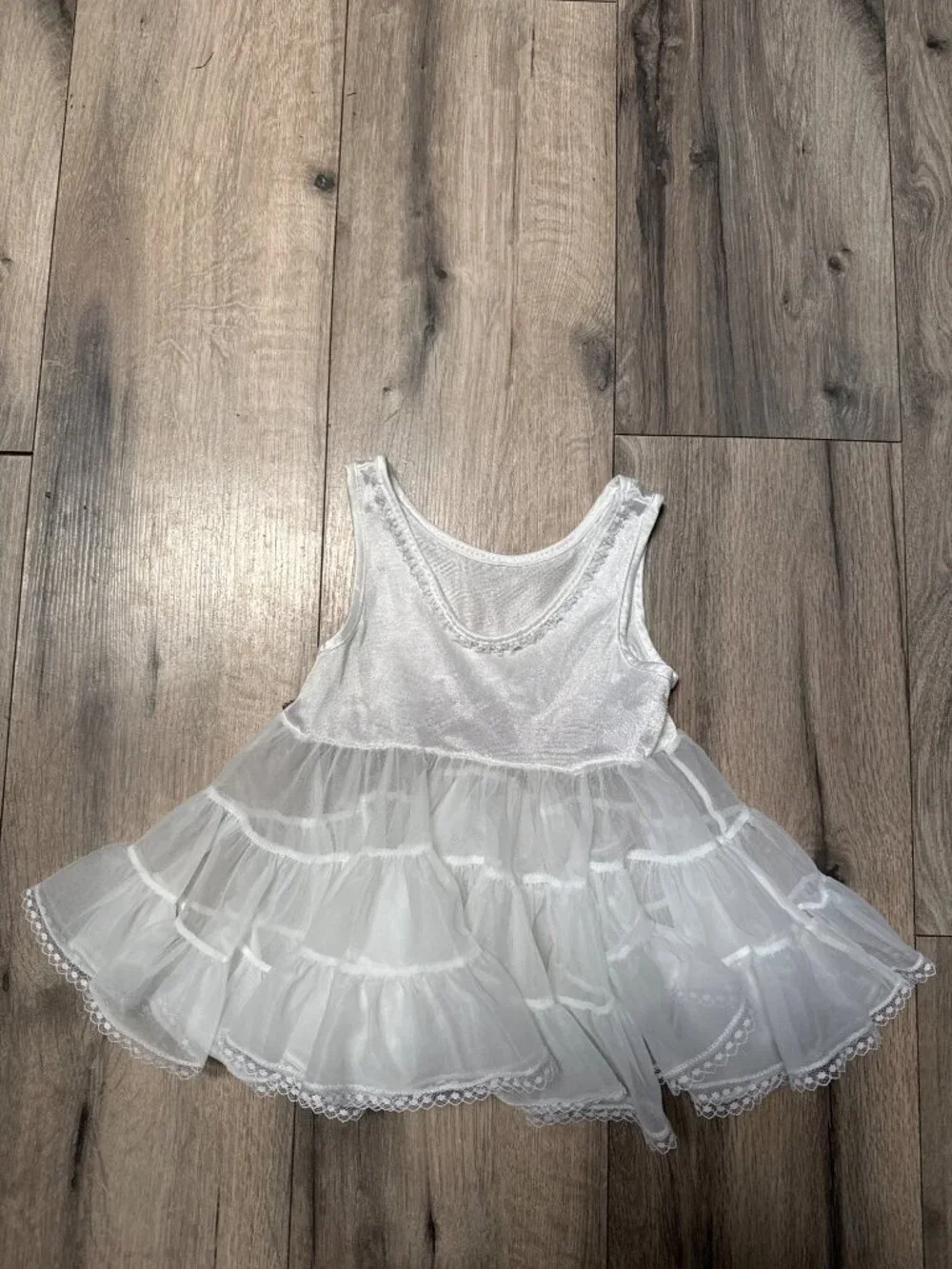 Vtg White Sleeveless Girls Petticoat Tea Party Tiered Layered Tulle Dress Lace T